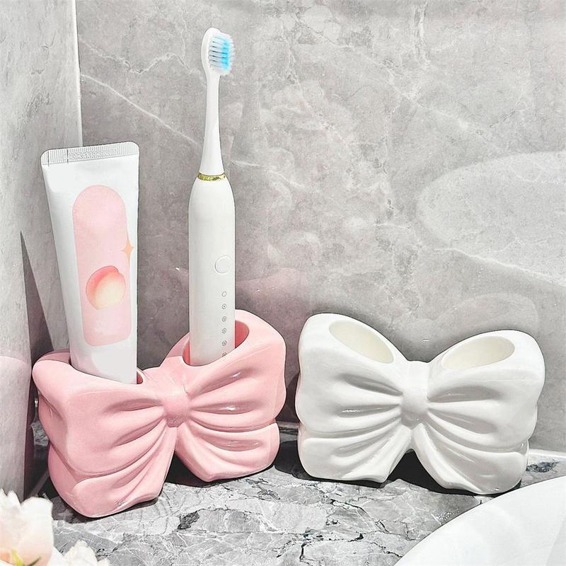 Bowknot Design Toothbrush Holder, 1 Count Ceramic Toothbrush Storage Rack, Bathroom Supplies for Home Hotel Salon Dormitory