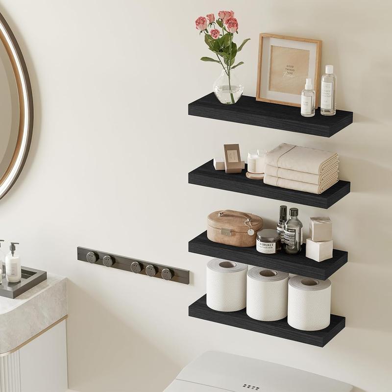 Floating Shelves for Wall, Rustic Wood Finish Wall Shelves with Invisible Brackets, Black Floating Wall Decor Shelves for Bathroom, Living Room, Bedroom and Kitchen, Set of 4, 15.8 Inch