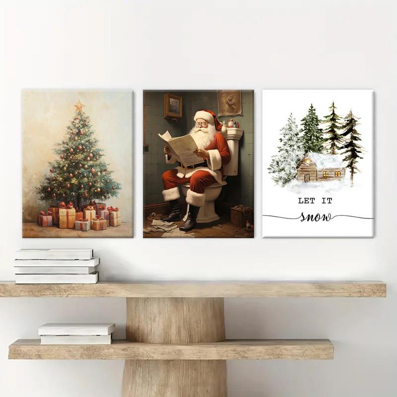 Wooden Framed Canvas Painting, 3 Counts set Vintage Christmas Tree & Santa Claus Pattern Wall Art, Wall Decor for Home Living Room Bedroom Office Room Decor, Christmas 2024 Ornament, Christmas Gift Ideas, Stocking Stuffers