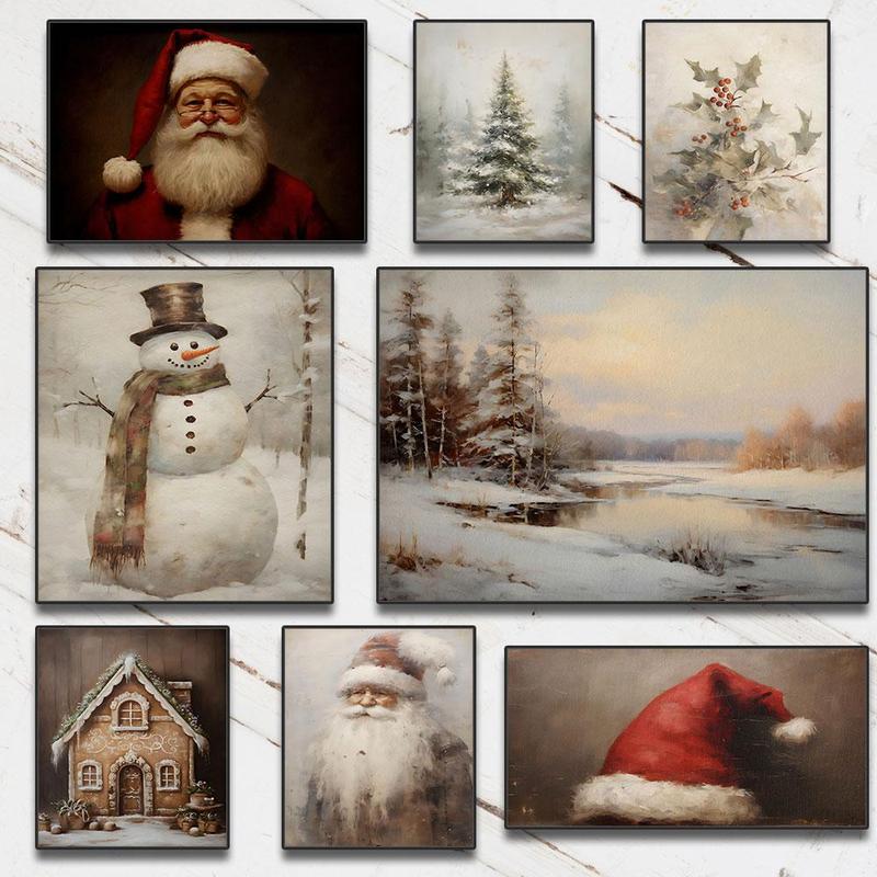 Santa Claus Snowman Plant Pattern Unframed Painting, 1 Count Modern Canvas Wall Art, Wall Decor for Home Living Room Bedroom Office, Home Decor