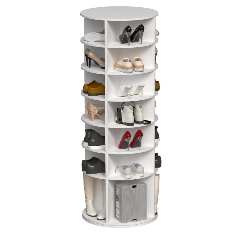 Rotating Shoe Rack Tower, 7-Tier Spinning Shoe Rack, Free Standing 360° Revolving Shoe Organizer,  High Bottom Design Shoe Tower Spinning Storage Lazy Susany, Fits 28 Pairs of Shoes (7-Tier White)