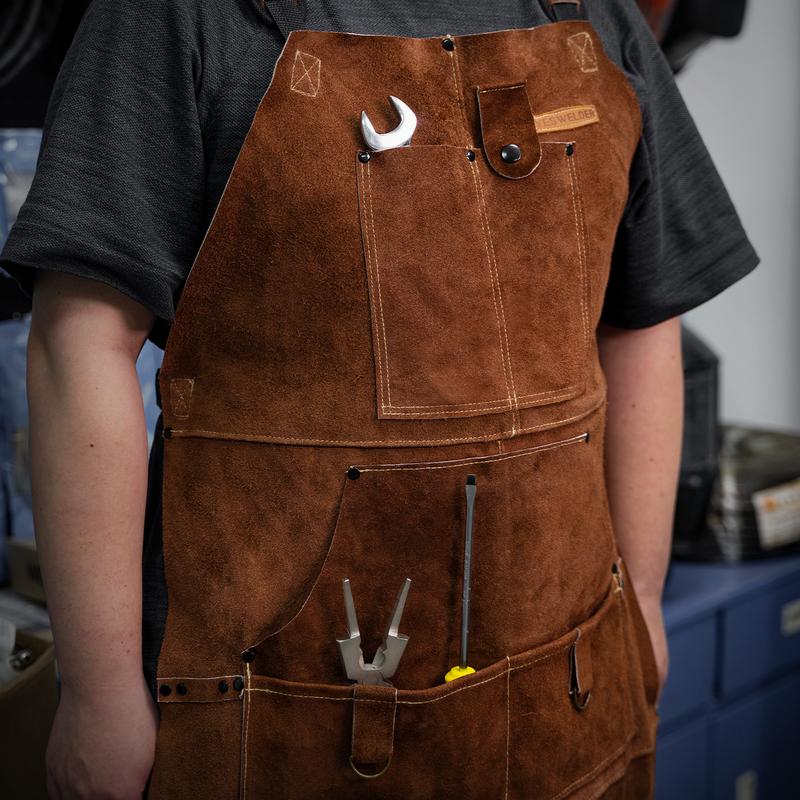 YESWELDER Leather Welding Work Shop Apron with 6 Tool Pockets, Heat & Flame Resistant Cowhide Apron, Heavy Duty Adjustable Aprons, Length 41