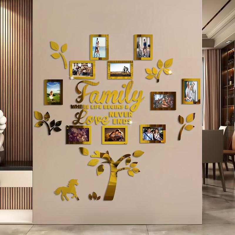 A Set of 3D Acrylic Photo Frame Wall Decorations-Self-Adhesive DIY Photo Collage Gallery with Wall Chart Template, Suitable for Family Tree, Wedding, New Year, Christmas, Anniversary-Chinese Text 