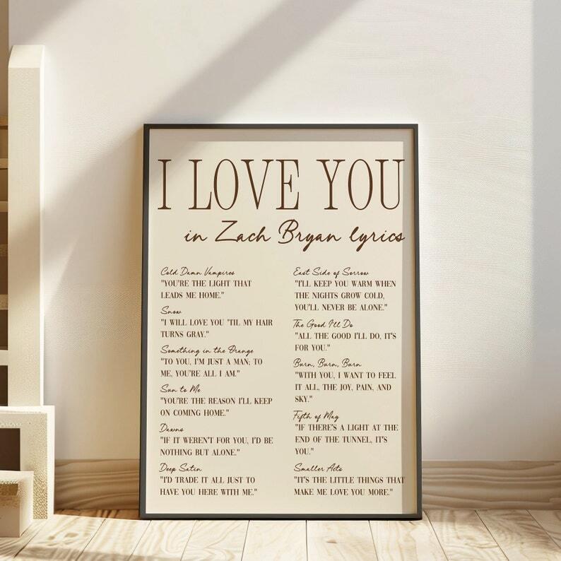 I Love You Lyrics - ZB Art Print, Romantic Coastal Cowgirl Wall Art, Preppy College Apartment Decor, Perfect for Music Lovers and Stylish Spaces