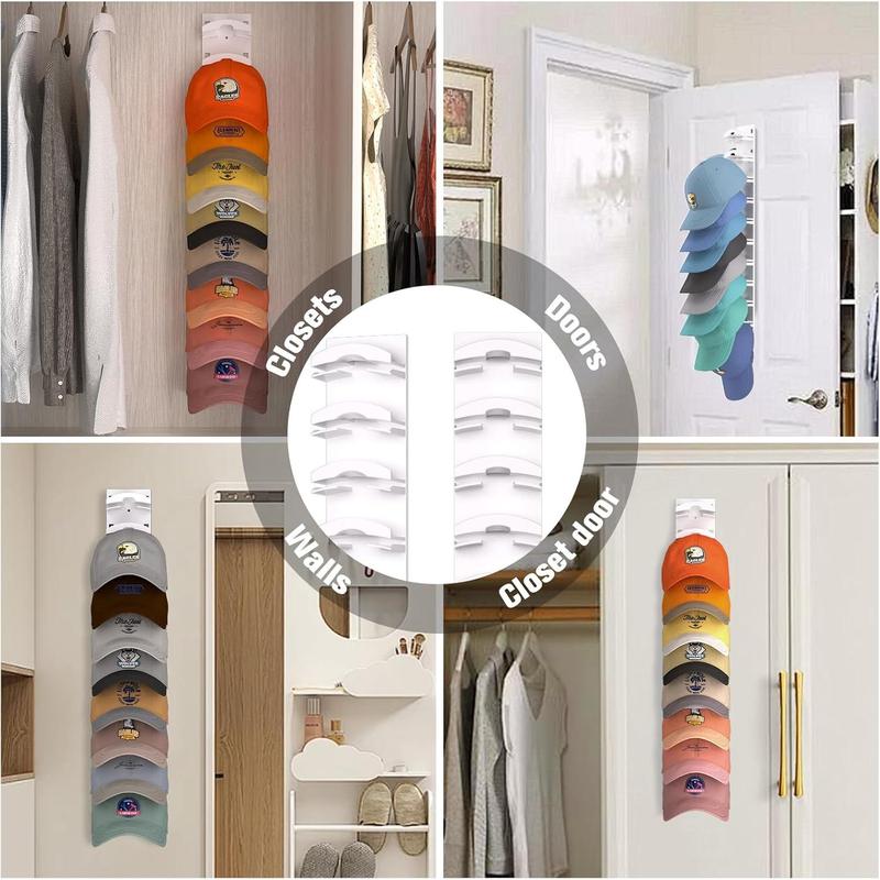 2 Pack Hat Organizer for Baseball Caps, Wall-Mounted Hat Rack with Strong Adhesive, Door Closet Hat Hanger, Multilayer Cap Organizer with Two Mounting Options (White).