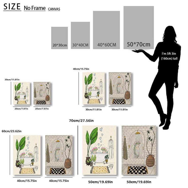 Cartoon Frog & Bathroom Pattern Unframed Painting, 2 Counts set Modern Canvas Wall Art, Wall Decor for Home Living Room Bedroom