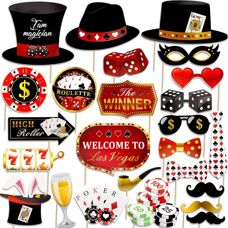 Las Vegas Casino Photo Booth Props Funny DIY  Theme Selfie Props Kit for Night Party Decoration Party Favors 25 count