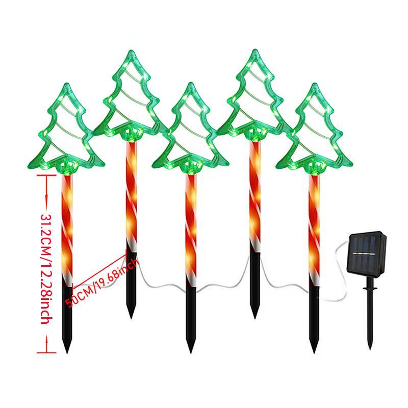 Solar Powered 5-in-1 Christmas Pathway Light, Solar Christmas Tree Light with Candy Cane, Outdoor Garden Stake Light for Patio, Yard, Garden, Lawn