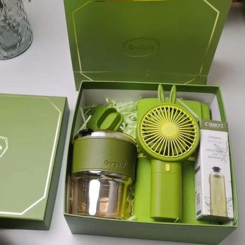 Premium Gift Set for Women - Christmas or Birthday Gift Box, Mens Gift.(Hand Fan, Thermal Cup, Notebook, Korean Cream)