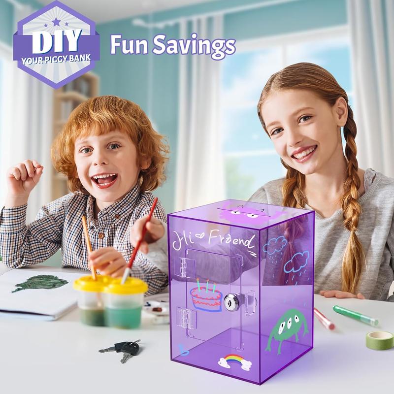 Clear Piggy Bank for Adults , Large Acrylic Piggy Bank Money Saving Box for  Saving with Key, Openable Clear Acrylic Savings Jar for Real Money (Purple)