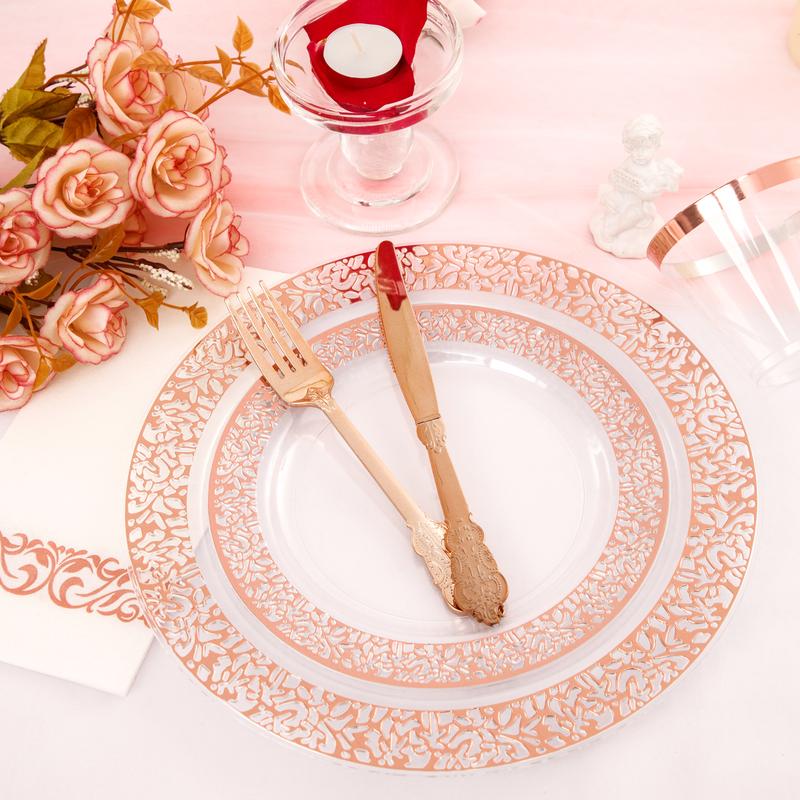 350 Pack Clear Rose Gold Plastic Plates,Disposable Plastic Dinnerware Includes: 100 Plates,150 Silverware, 50 Napkins,50 Cups for Party & Christmas