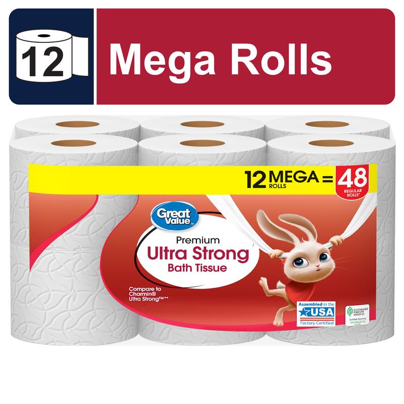 Great Value Ultra Strong 2-Ply Toilet Paper, 12 Mega Rolls - Pack of 12 Rolls - 2-Ply Toilet Paper - Wipes