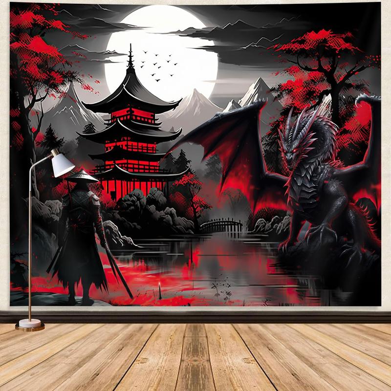 Anime Samurai Tapestry, Cool Red and Black Medieval Fantasy Dragon Tapestry Wall Hanging for Men, Mountain Forest Nature Sunset Dark Asia Japanese Tapestries Aesthetic for Living Room College