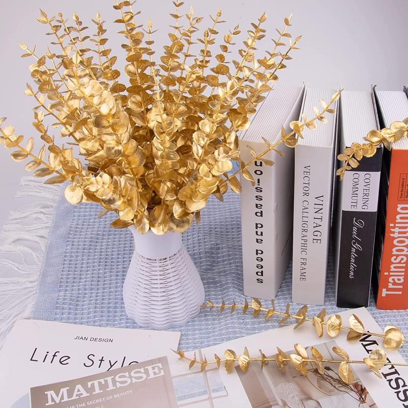 Artificial Eucalyptus Leaves without Vase, 24pcs set Decorative Plants for Home Ornaments, Faux Plants for Wedding Bouquet Home Decoration, Room Decor, Girly Bedroom Accessories