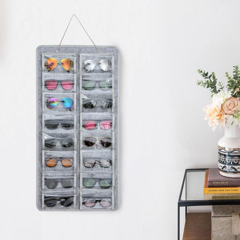 Sunglasses Dust-Proof Organizer Storage Wall Mounted Hanging Sunglasses Organizer 16 Slots Glasses Storage Organizer Holder (Grey Large)