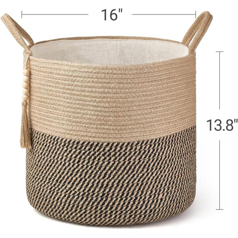 Woven Storage Basket Decorative Rope Basket Wooden Bead Decoration Plant Organizer Bin with Decor