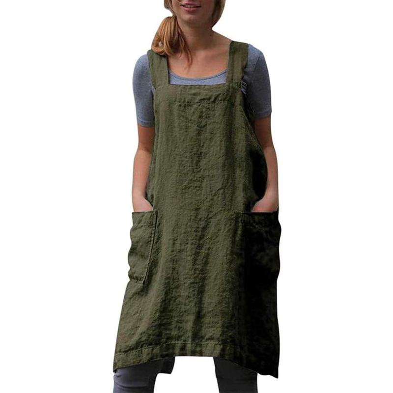 Cotton Linen Apron for women Cross Back Apron Pinafore Dress for Baking Cooking Gardening Work