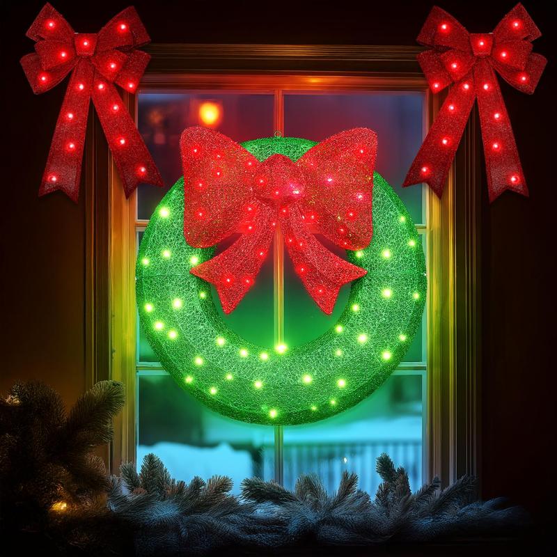 Tantohom Lighted Outdoor Christmas Wreath Decoration with 2 Bow, Bow Holiday Decor Wreath, Christmas Wreath with 90 LED Lights & Large Red Bow, Holiday Decor for Home