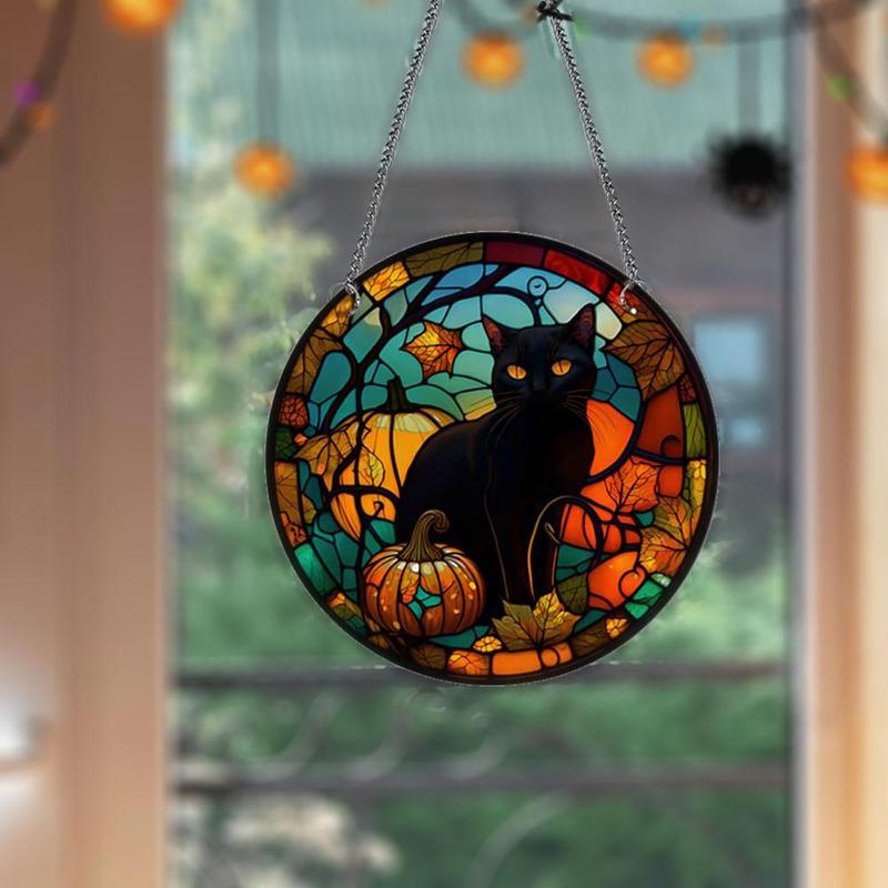 Black Cat Pattern Hanging Decor, 1 Count Exquisite Round Acrylic Hanging Ornament, Wall Decor for Home, Cafe, Party