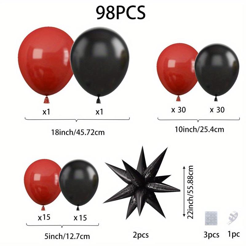 Black & Red Themed Balloon Arch Kit, 98pcs set Mixed Color Latex Balloon, DIY Birthday Party Decoration Balloons with Black Explosion Star, Festive & Party Supplies