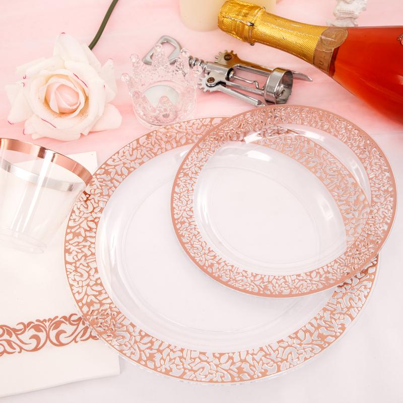 350 Pack Clear Rose Gold Plastic Plates,Disposable Plastic Dinnerware Includes: 100 Plates,150 Silverware, 50 Napkins,50 Cups for Party & Christmas