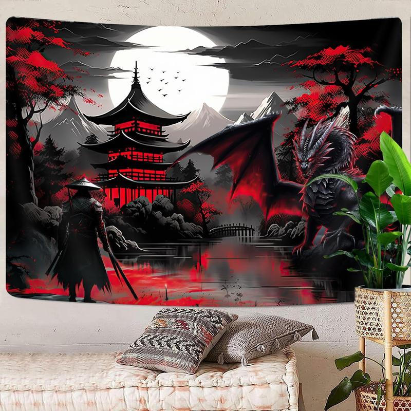 Anime Samurai Tapestry, Cool Red and Black Medieval Fantasy Dragon Tapestry Wall Hanging for Men, Mountain Forest Nature Sunset Dark Asia Japanese Tapestries Aesthetic for Living Room College