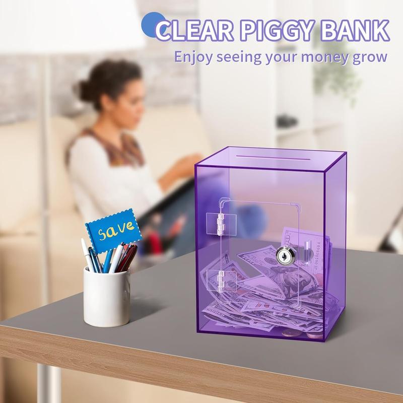 Clear Piggy Bank for Adults , Large Acrylic Piggy Bank Money Saving Box for  Saving with Key, Openable Clear Acrylic Savings Jar for Real Money (Purple)