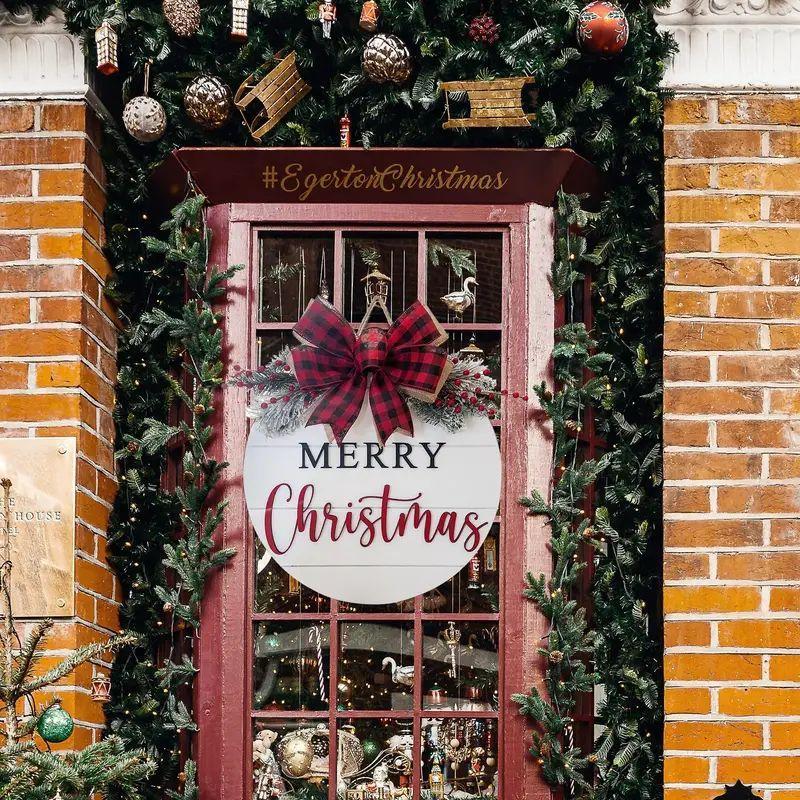 Merry Christmas Wreath Wood Sign, 1 Count Artificial Woven Christmas Plaque Front Door Decorations, Home Decorations for Porch Party Dining Room Farm