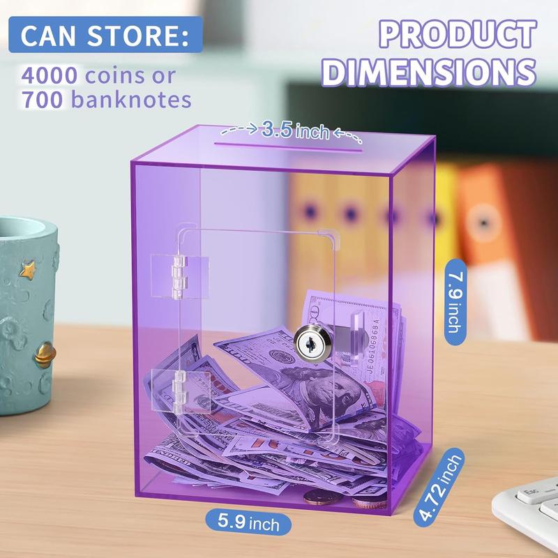 Clear Piggy Bank for Adults , Large Acrylic Piggy Bank Money Saving Box for  Saving with Key, Openable Clear Acrylic Savings Jar for Real Money (Purple)