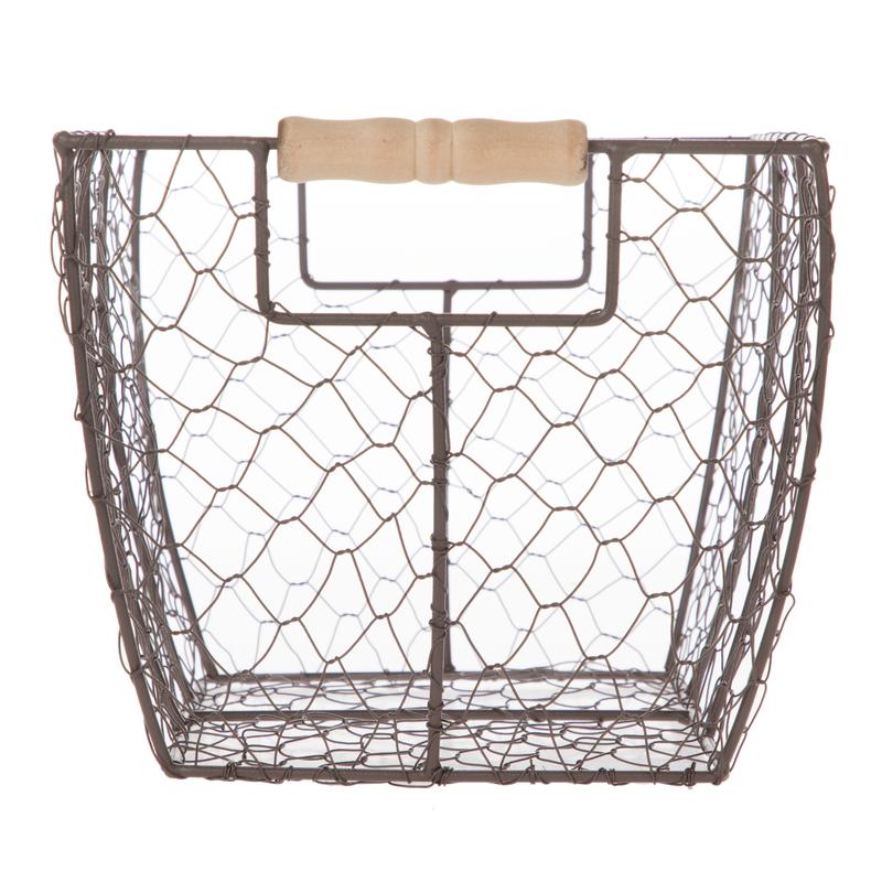 Decorative Brown Chicken Wire Basket with Wood Handles. 12.2x8x7.28