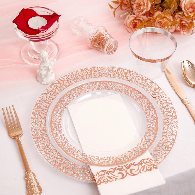 350 Pack Clear Rose Gold Plastic Plates,Disposable Plastic Dinnerware Includes: 100 Plates,150 Silverware, 50 Napkins,50 Cups for Party & Christmas