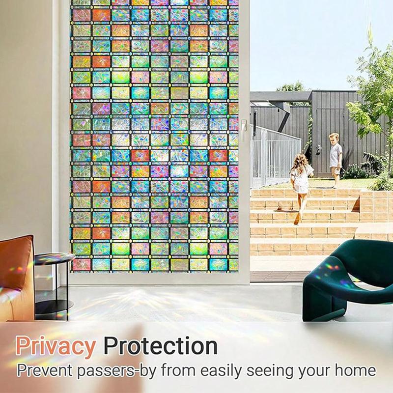 Colorful Rectangle Rhombus Pattern Privacy Window Film, 1 Roll Removable Window Sticker, Decorative Static Cling Glass Film for Home Decor