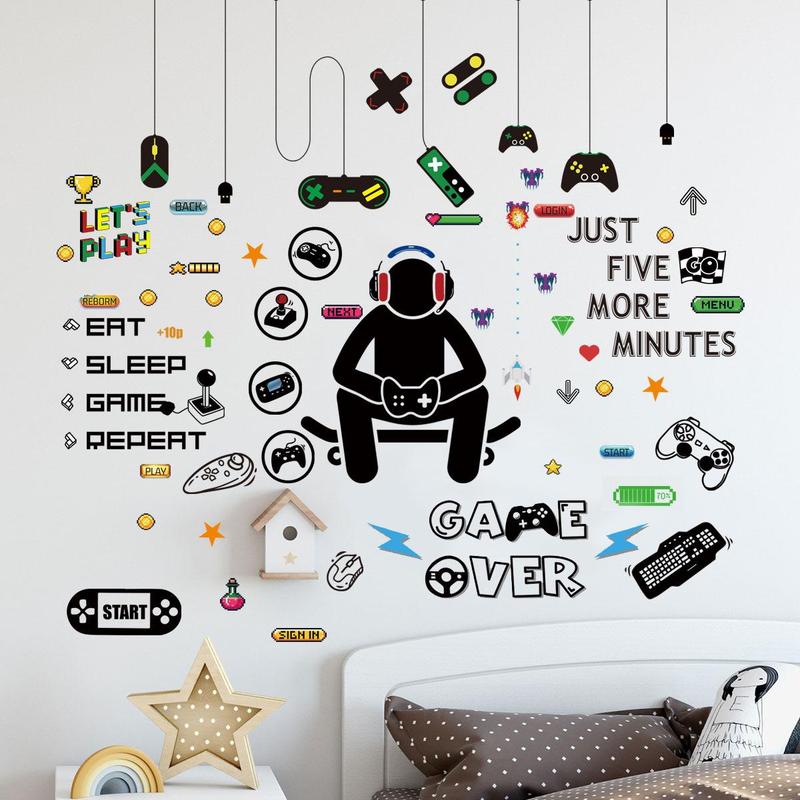 Game Room Decorative Wall Sticker, 6pcs set Ramadan Removable Self-adhesive Game Controller Boy Pattern Wall Decal for Home Decor, Ramadan Gifts Ornaments for Kids, Home Essentials