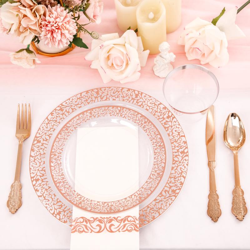 350 Pack Clear Rose Gold Plastic Plates,Disposable Plastic Dinnerware Includes: 100 Plates,150 Silverware, 50 Napkins,50 Cups for Party & Christmas