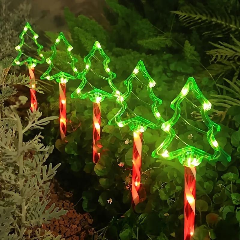 Solar Powered 5-in-1 Christmas Pathway Light, Solar Christmas Tree Light with Candy Cane, Outdoor Garden Stake Light for Patio, Yard, Garden, Lawn