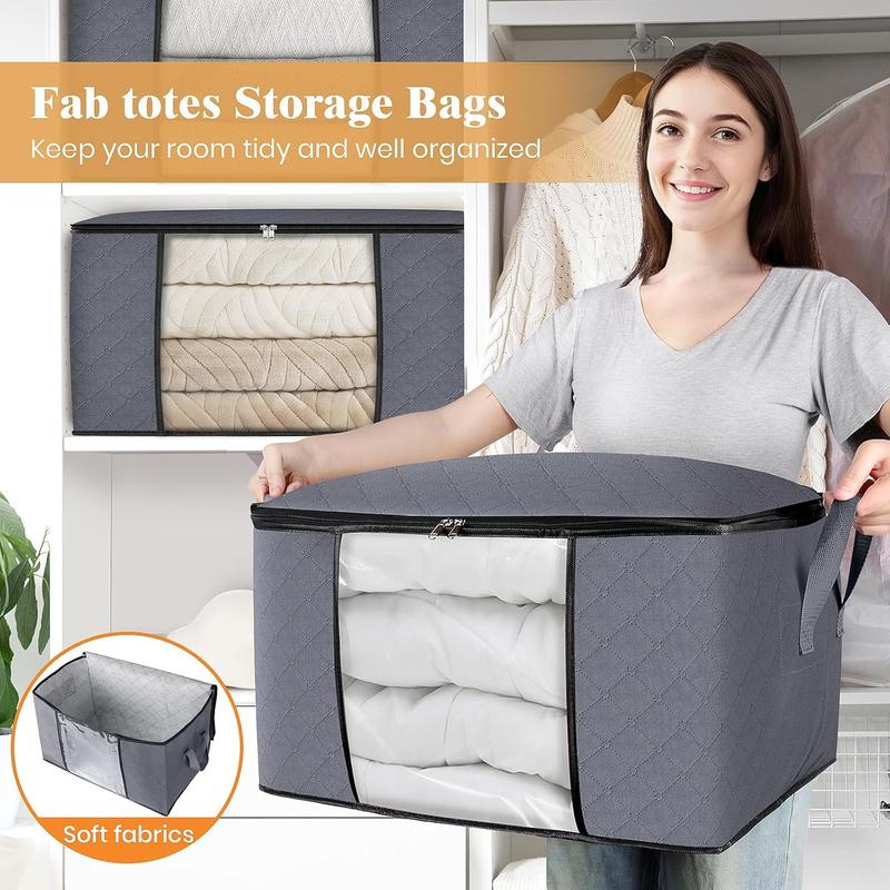 6 Pack Clothes Storage, Foldable Thick Fabric Blanket Storage Bags, Storage Containers for Organizing Bedroom, Closet, Clothing, Comforter, Organization and Storage with Handle,Grey