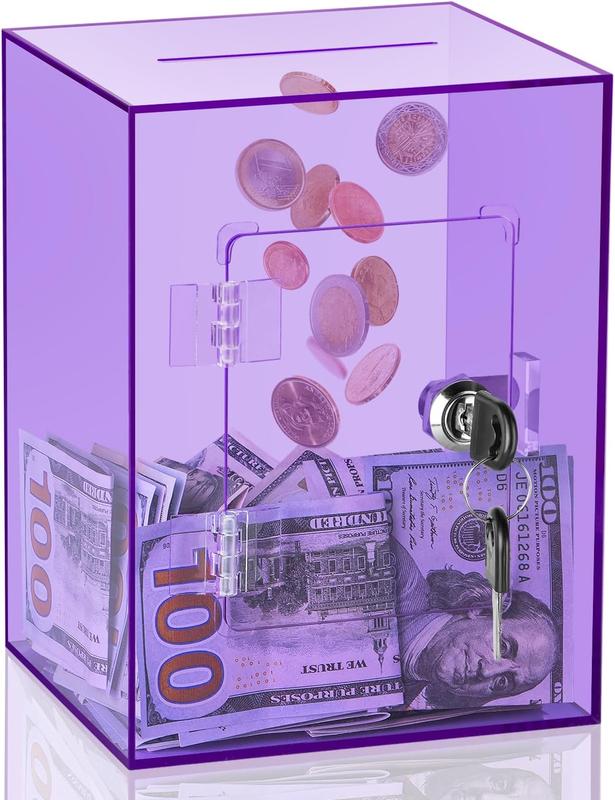 Clear Piggy Bank for Adults , Large Acrylic Piggy Bank Money Saving Box for  Saving with Key, Openable Clear Acrylic Savings Jar for Real Money (Purple)