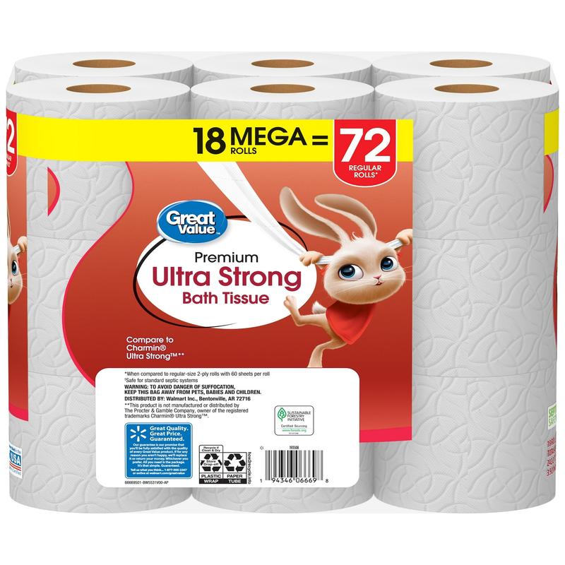 Great Value Ultra Strong 2-Ply Toilet Paper, 18 Mega Rolls