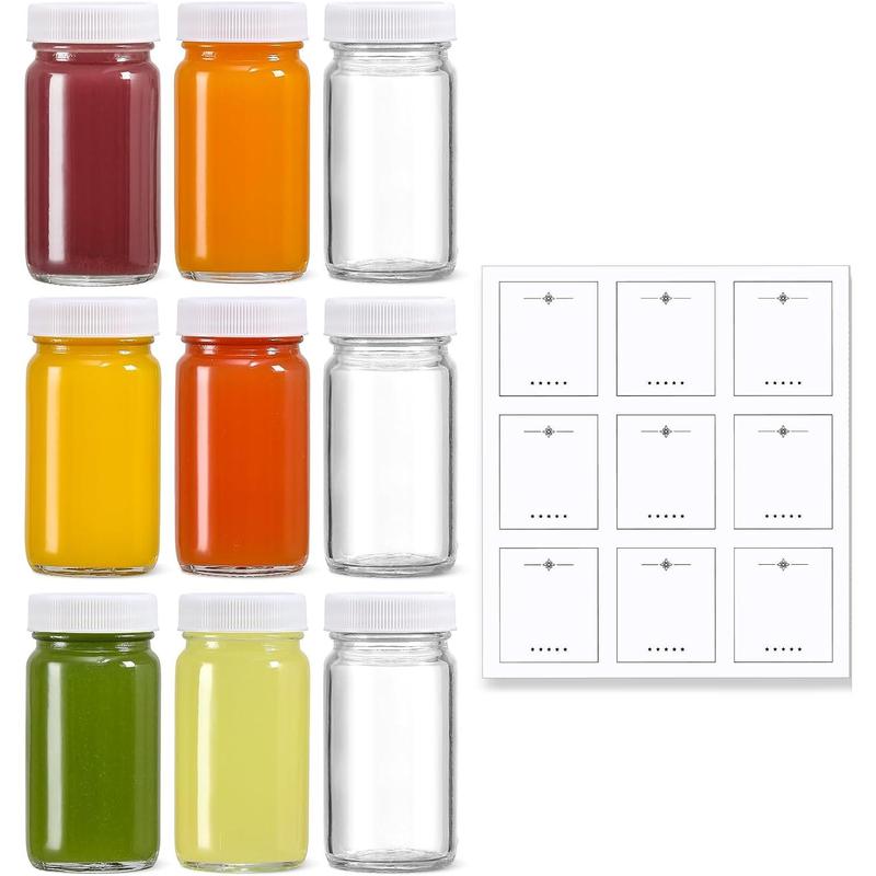 15 Pack 2 oz Glass Shot Bottles w  White Lids & 15 Labels - Small Clear Jar for Ginger, Wellness Shot, Juice, Sample, Whiskey - Travel Mini Bottles - Wide Mouth, Leakproof, Dishwasher Safe Tin Canister