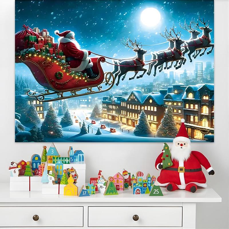 Christmas Themed Backdrop, 1 Count Santa Claus & Reindeer Pattern Hanging Banner, Festive Party Decoration Supplies for Home Living Room Bedroom