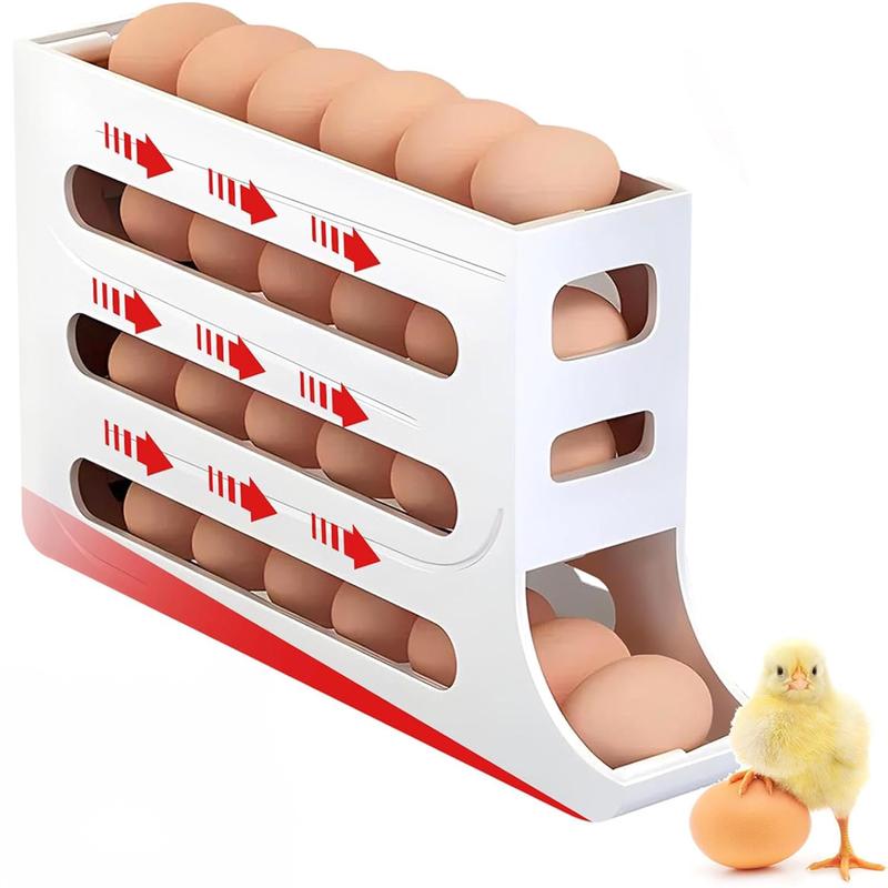 White 30-Egg Refrigerator Organizer, Egg Storage Box, Auto-Rolling Egg Dispenser, Space-Saving 4-Tier Egg Holder, Large Capacity Egg Storage Rack