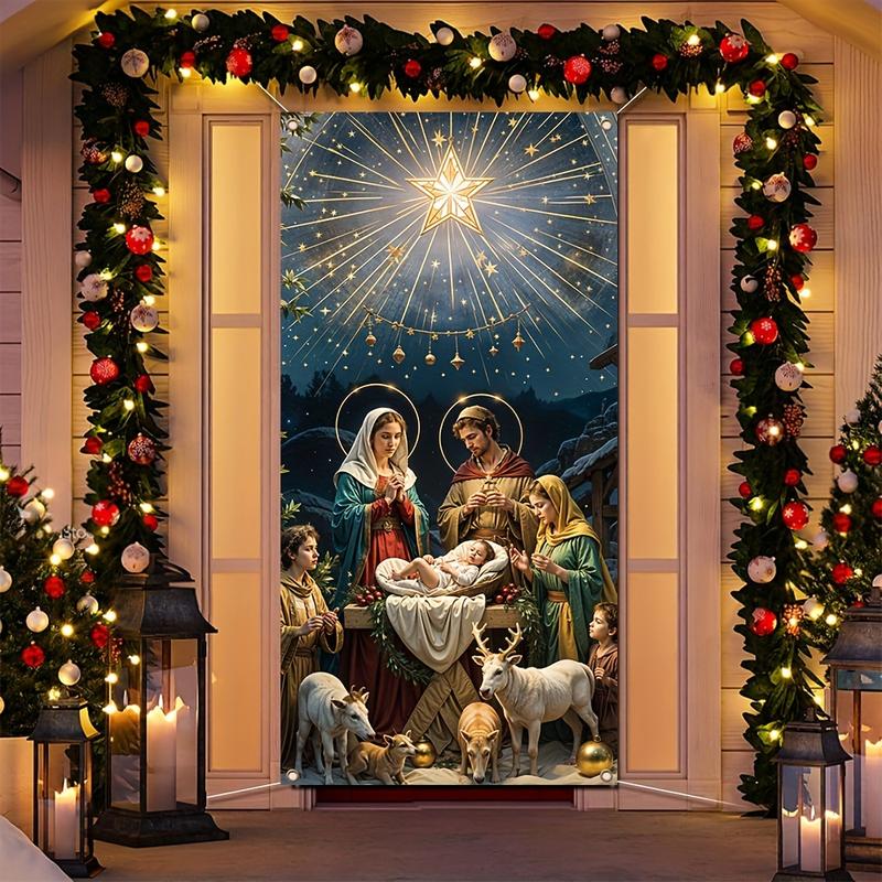 1 piece Vibrant Polyester Nativity Scene Door Banner - Durable, Bright Colors, Good Effect, Indoor Outdoor Hanging Decoration for Christmas and New Year Photography Props - 35.4*70.8 inches