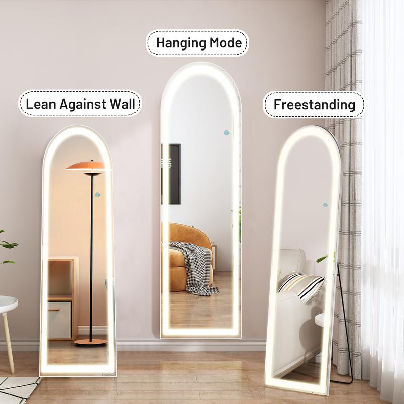 Mirror Full Length Standing Mirror with LED Lights, Lighted Floor Mirror, Dimming & 3 Color Lighting Aluminum Alloy Thin Frame Decor with Switch