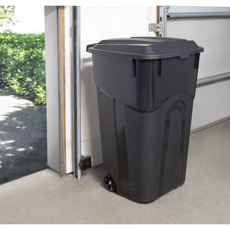 32 Gallon Wheeled Heavy Duty Plastic Garbage Can, Attached Lid, Black