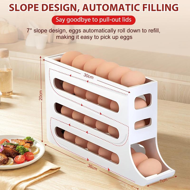 White 30-Egg Refrigerator Organizer, Egg Storage Box, Auto-Rolling Egg Dispenser, Space-Saving 4-Tier Egg Holder, Large Capacity Egg Storage Rack