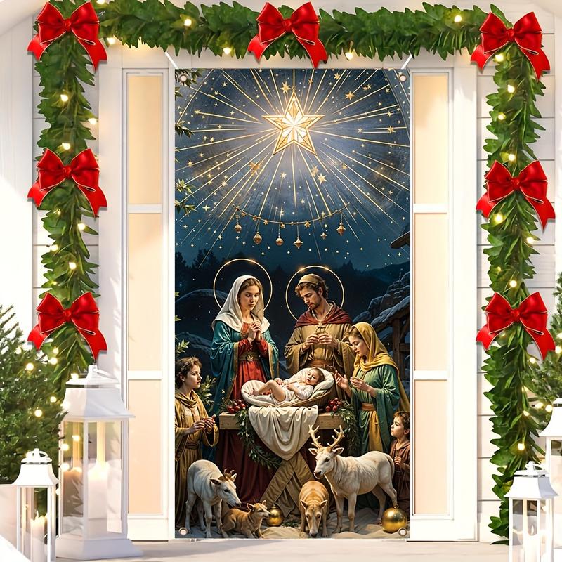 1 piece Vibrant Polyester Nativity Scene Door Banner - Durable, Bright Colors, Good Effect, Indoor Outdoor Hanging Decoration for Christmas and New Year Photography Props - 35.4*70.8 inches