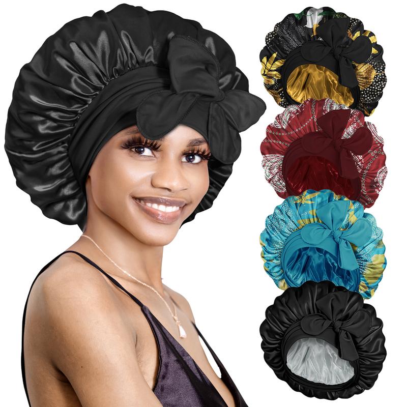 Bonnet Queen 4PCS Silky Bonnet for Sleeping, Hair Wrap Satin Bonnets Shower Cap for Black Women, Elastic Wide Band Hair Bonnet Cap Curly Hair With Tie