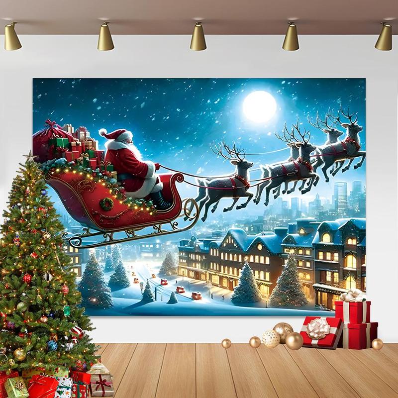 Christmas Themed Backdrop, 1 Count Santa Claus & Reindeer Pattern Hanging Banner, Festive Party Decoration Supplies for Home Living Room Bedroom