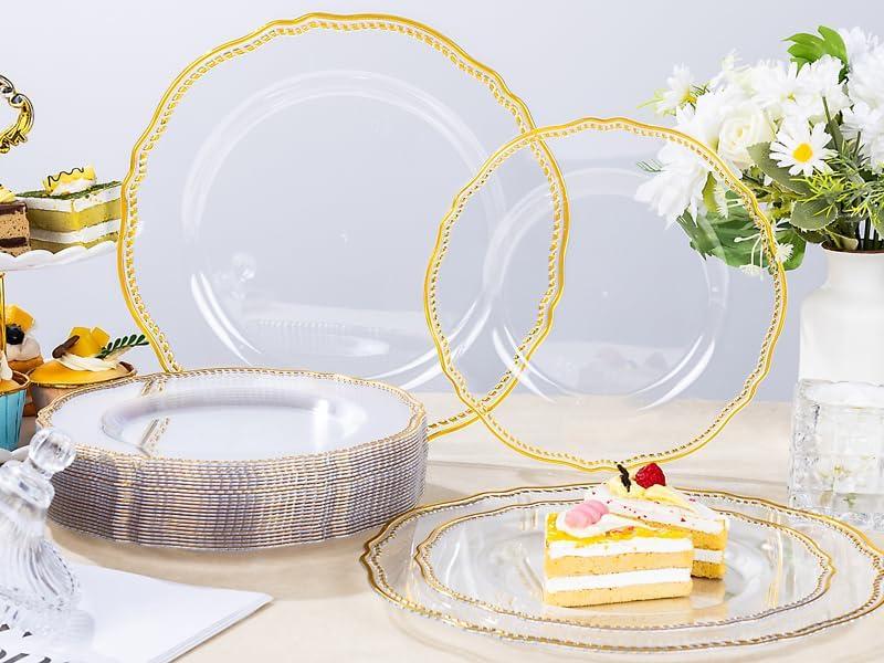 Nervure 60pcs Gold Plastic Plates - Clear and Gold Disposable Plates, 10.25 inch Plastic Dinner Plates, Perfect for Wedding & Party & Thanksgiving