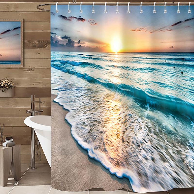 Beach Sunset Pattern Shower Curtain, Waterproof Shower Curtain with 12 Plastic Hooks, Bathroom Decor Accessories